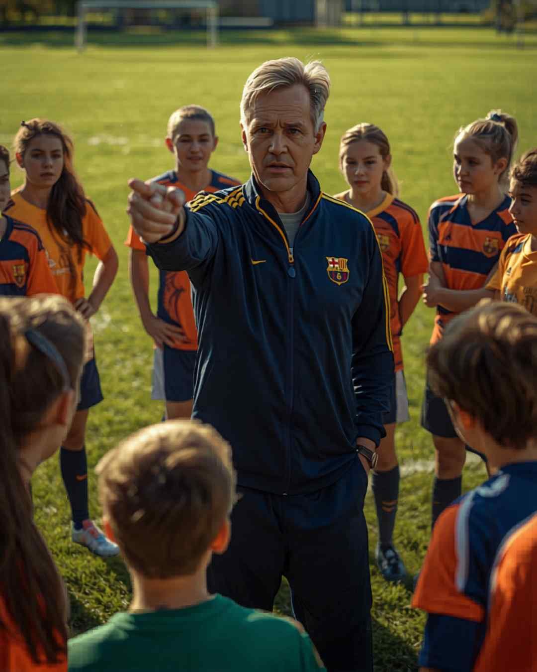 Soccer coach instructing players holding a tactics board on the field