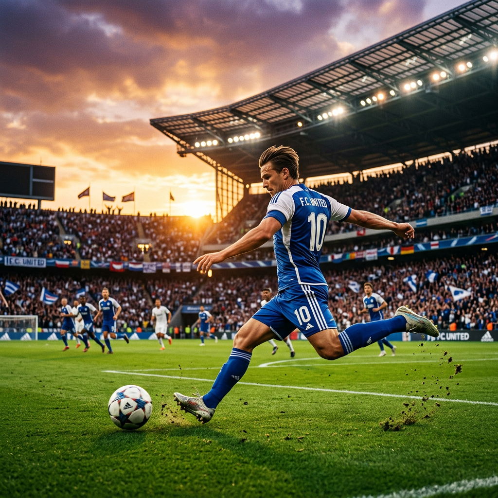 Soccer player wearing blue F.C. United jersey number 10 kicking ball on field with crowd and stadium in background